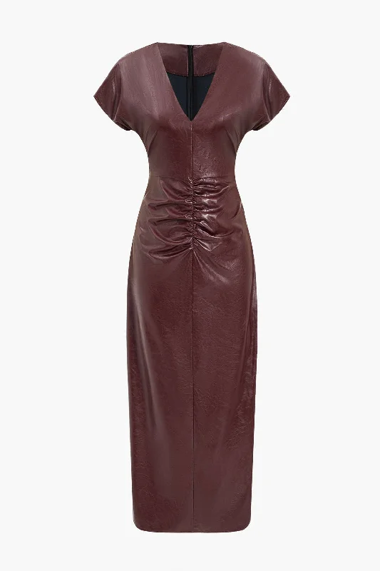 Faux Leather Ruched V-Neck Midi Dress Elegant Women's 
