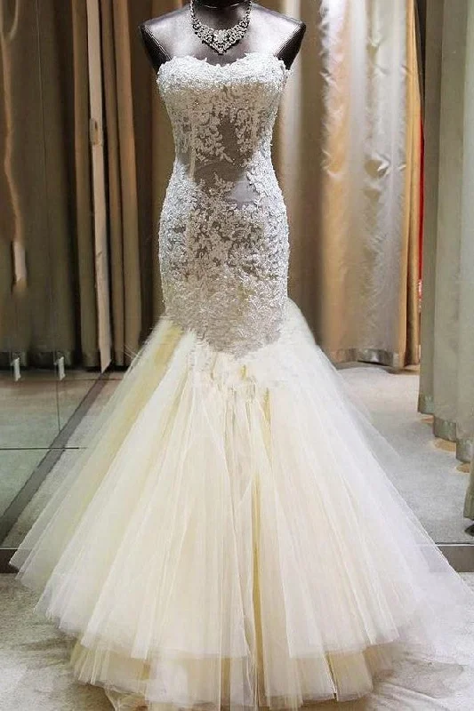 Beaded Lace Illusion Mermaid Wedding Gown with Long Train Women