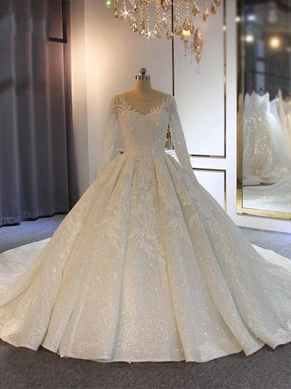 O-Neck Long Sleeves Lace-Up Ball Gown Wedding Dresses with Train