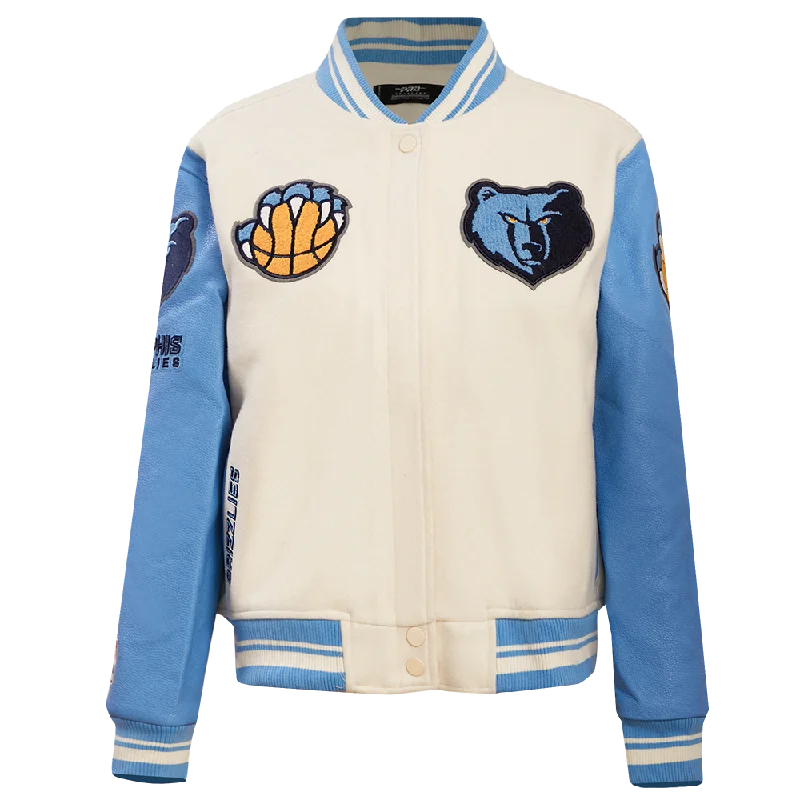 NBA MEMPHIS GRIZZLIES RETRO CLASSIC WOMEN'S RIB WOOL VARSITY JACKET (EGGSHELL/UNIVERSAL BLUE) Laid - back Women's Style NBA MEMPHIS GRIZZLIES RETRO CLASSIC WOMEN'S RIB WOOL VARSITY JACKET (EGGSHELL/UNIVERSAL BLUE) Laid - back Women's Style