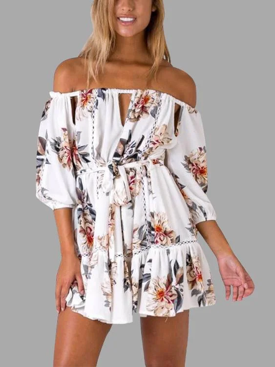 Wholesale Off The Shoulder 3/4 Sleeve Floral Print Lace-Up Cut Out Flounced Hem White Mini Dress