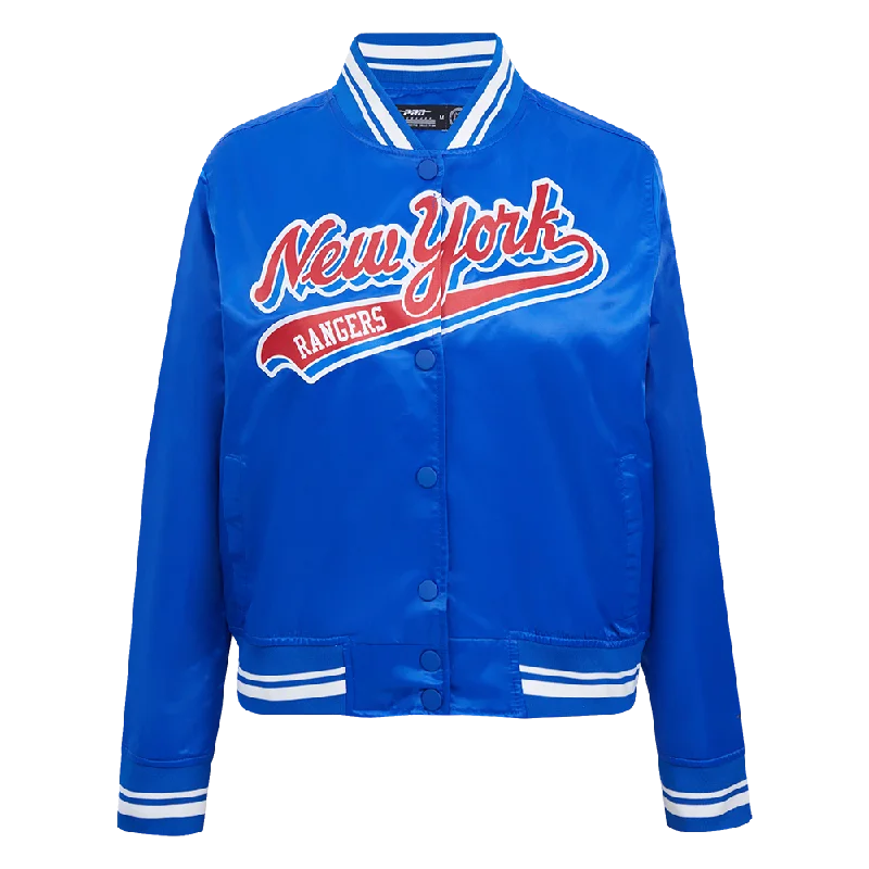 NHL NEW YORK RANGERS SCRIPT TAIL WOMEN'S SATIN JACKET (ROYAL BLUE) Hip Women's Retro NHL NEW YORK RANGERS SCRIPT TAIL WOMEN'S SATIN JACKET (ROYAL BLUE) Hip Women's Retro