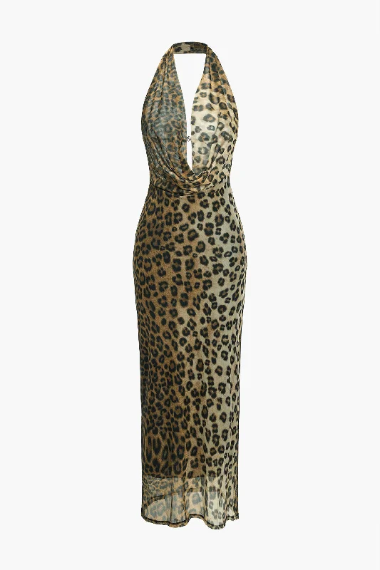 Leopard Print Mesh Cowl Neck Backless Maxi Dress purpose
