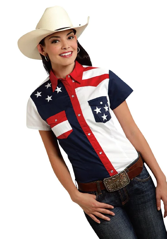 Roper Americana Ladies Blue 100% Cotton Colorblock S/S Flag Western Shirt Vintage Women's 1970S Roper Americana Ladies Blue 100% Cotton Colorblock S/S Flag Western Shirt Vintage Women's 1970S