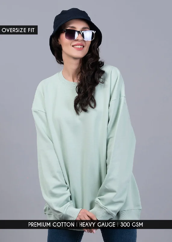 Solid Mint Green Women Drop Shoulder Terry Sweatshirt | Pronk Artistic Women's Hand - painted