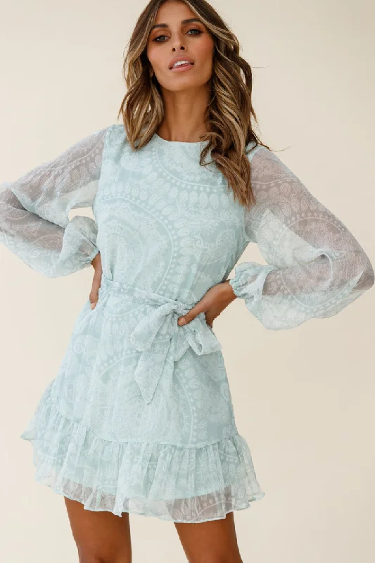 Always & Forever Long Balloon Sleeve Crew Neck Dress Paisley Print Mint Minimalist Women's Casual Always & Forever Long Balloon Sleeve Crew Neck Dress Paisley Print Mint Minimalist Women's Casual