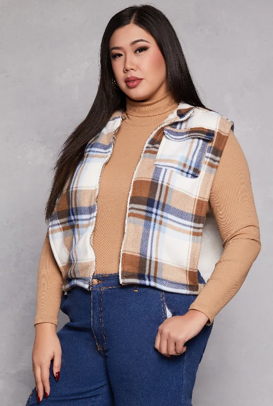 Plus Size Plaid Hooded Zip Front Vest Monochromatic Office Style