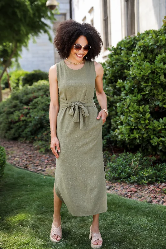 Relaxed Charm Olive Linen Tie-Front Maxi Dress Streetwear Style for 