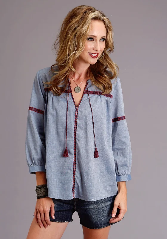 Stetson Womens Chambray 100% Cotton Peasant S/S Blouse Bohemian Women's Free