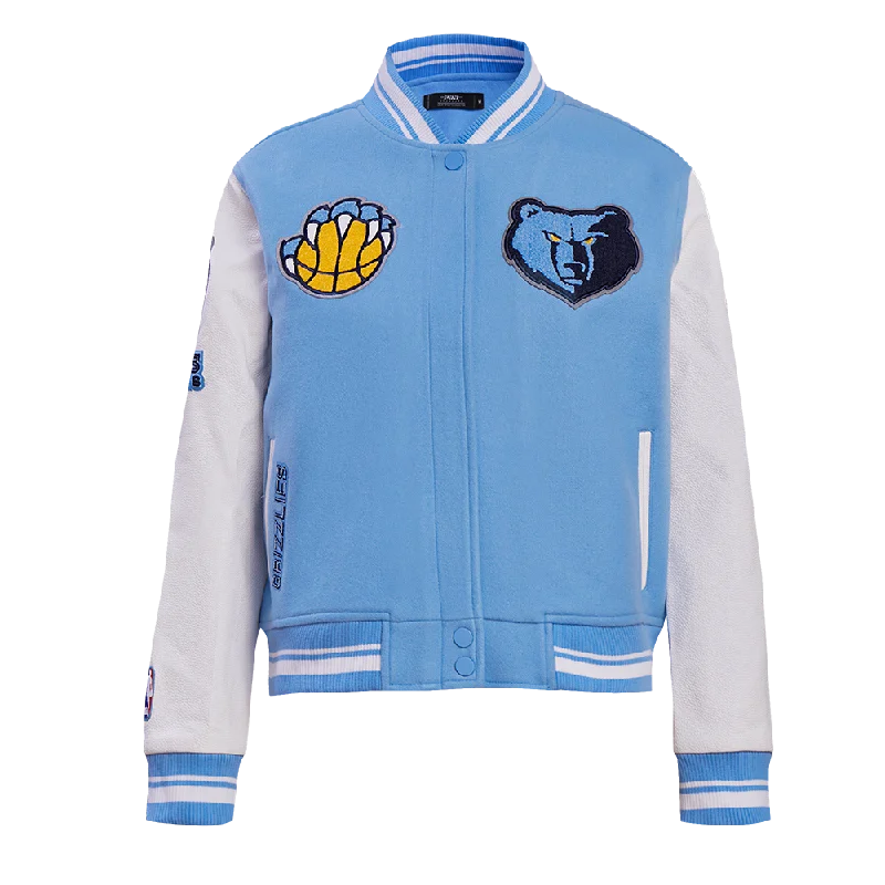 NBA MEMPHIS GRIZZLIES RETRO CLASSIC WOMEN'S RIB WOOL VARSITY JACKET (UNIVERSITY BLUE/WHITE) Sporty Women's Athleisure NBA MEMPHIS GRIZZLIES RETRO CLASSIC WOMEN'S RIB WOOL VARSITY JACKET (UNIVERSITY BLUE/WHITE) Sporty Women's Athleisure