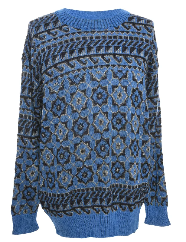 Blue & Black 1980s Geometric Jumper - M Youthful Women's Anime - inspired