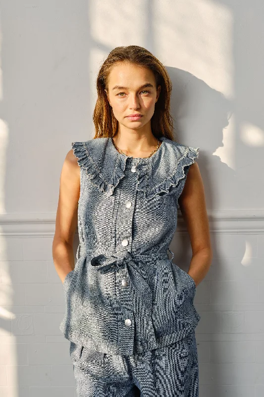 Phoebe Vest in Indigo Linen Monochromatic Office Style