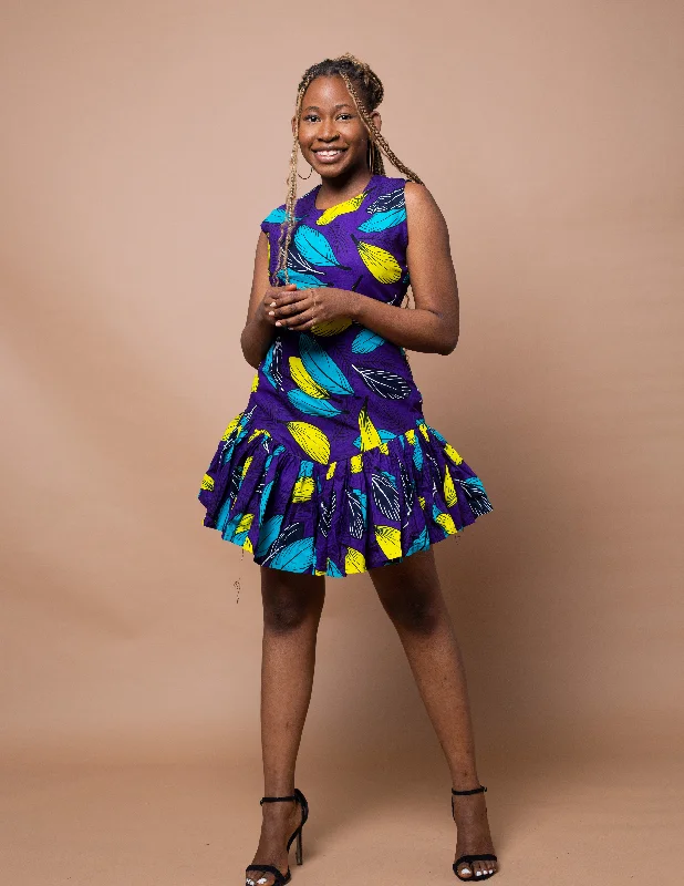 Donna Ankara Midi Dress | Purple and Yellow African Print Traditional Women's 