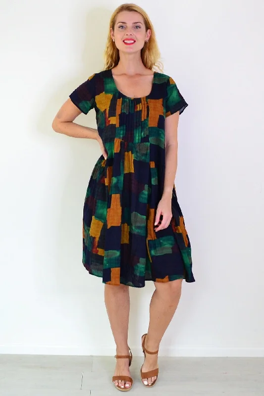 Mustard Olive Abstract Tunic Dress Artistic Women's Hand - painted
