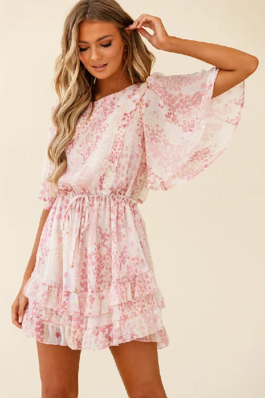 Stars Aligned Angel Sleeve Drawstring Waist Dress Star Print Pink Earthy Women's Hemp - based Stars Aligned Angel Sleeve Drawstring Waist Dress Star Print Pink Earthy Women's Hemp - based