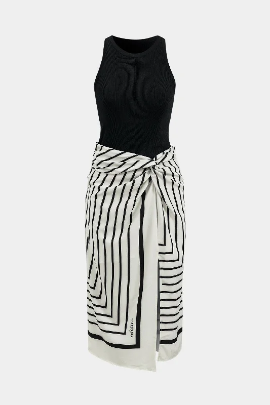 Stripes Print Patchwork Sleeveless Midi Dress Confident Women's High - fashion