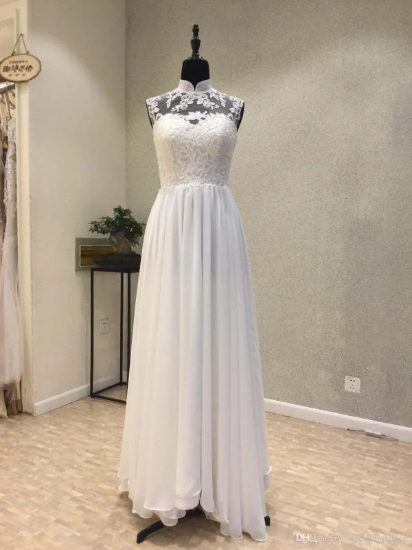 High Neck Chiffon A-Line Wedding Dresses Lace Button