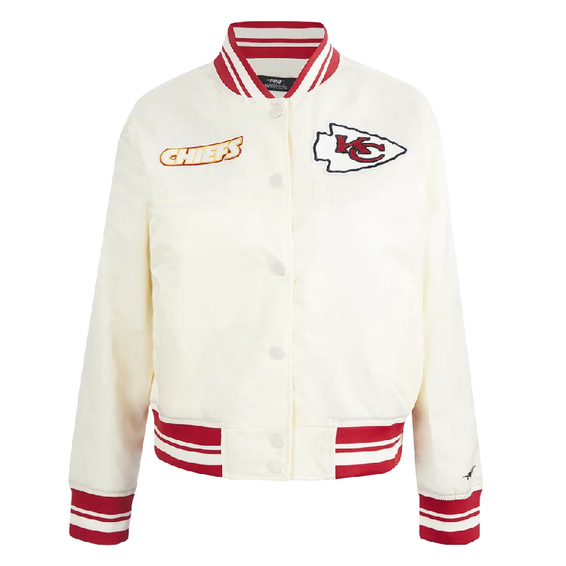 NFL KANSAS CITY CHIEFS RETRO CLASSIC WOMEN'S RIB SATIN JACKET (EGGSHELL/ RED) Preppy Women's College NFL KANSAS CITY CHIEFS RETRO CLASSIC WOMEN'S RIB SATIN JACKET (EGGSHELL/ RED) Preppy Women's College