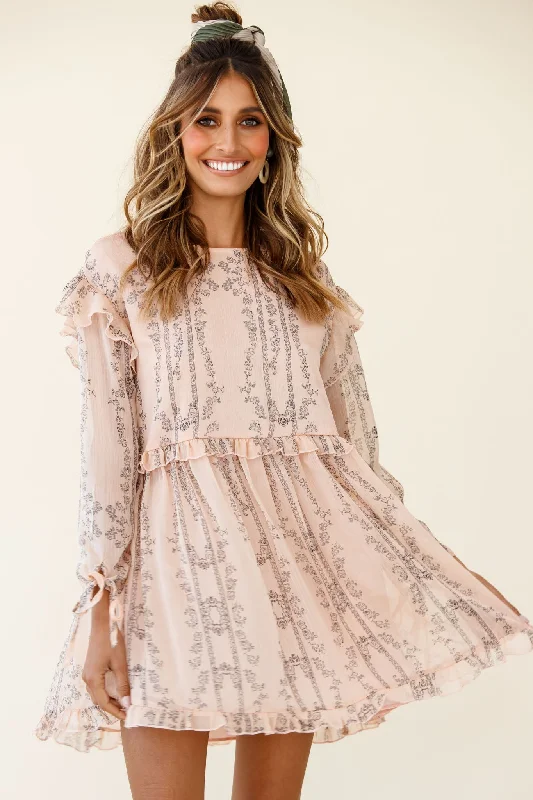 Marion Long Sleeve Shift Dress Vintage Floral Print Nude Classic Women's Tweed