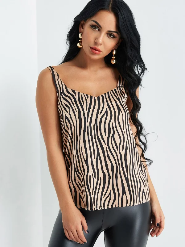 Custom V-Neck Zebra Sleeveless Camis Confident Women's High - fashion