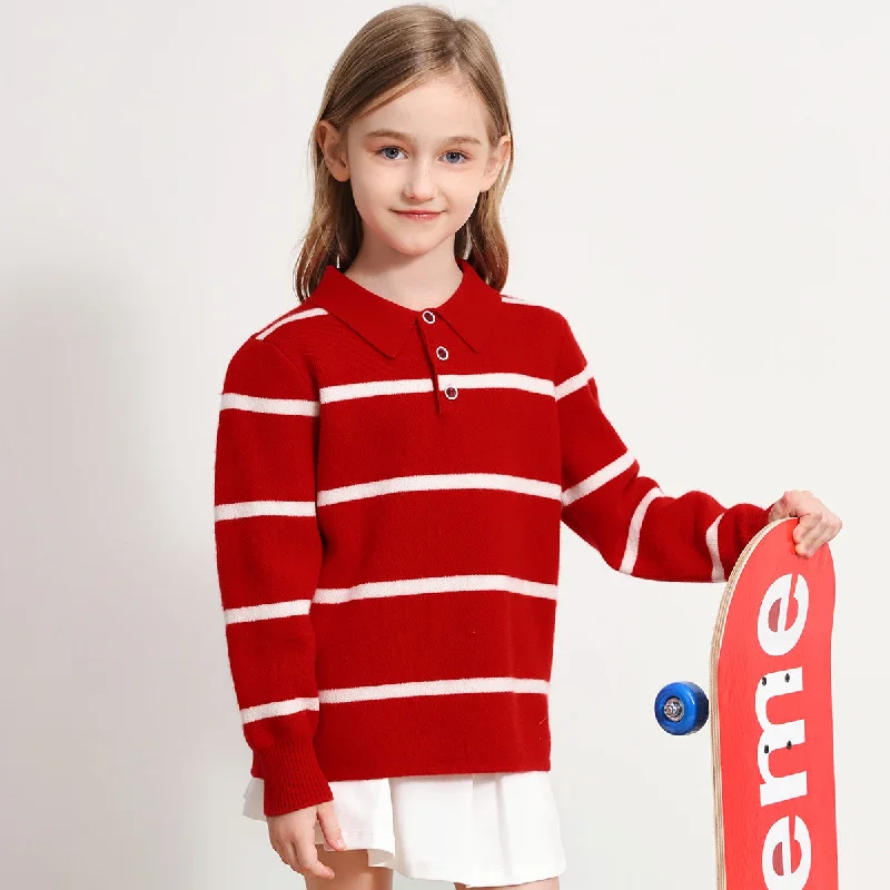 100% Wool Kids Polo Collar Striped Sweater Sharp Women's Italian