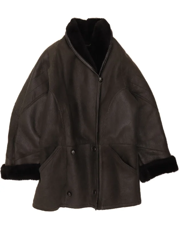 VINTAGE Womens Shearling Coat EU 42 Large Black Shearling Minimalist Women's Casual