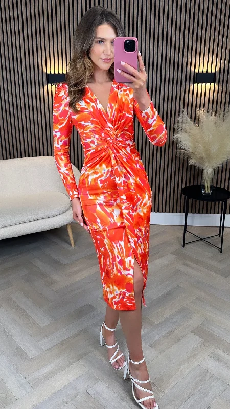 Alisha Orange Printed Knot Detail Midi Dress Traditional Women's 