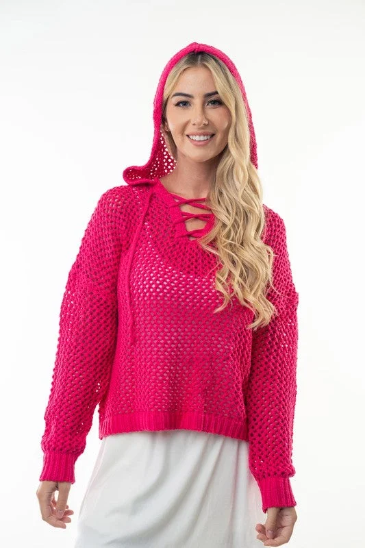 Solid Knit Women's Open Stitch Knit Sweater Hoodie