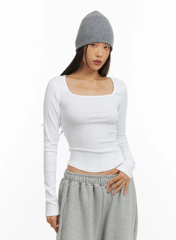Square Neck SlimFit Long Sleeve Shirt IO409 Refined Women's Classic 