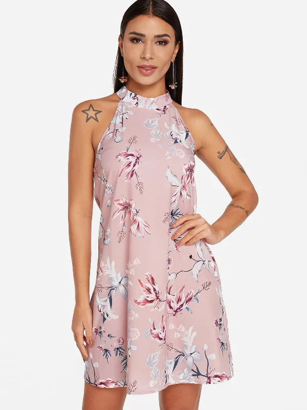 Wholesale Pink Sleeveless Floral Print Lace Zip Back Mini Dress Elegant Women's 