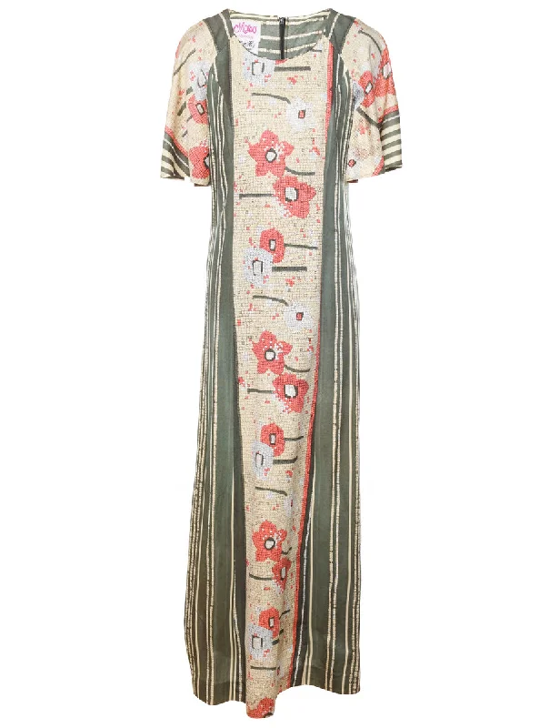 1970s Floral Print Pale Yellow & Pink Maxi Dress - M