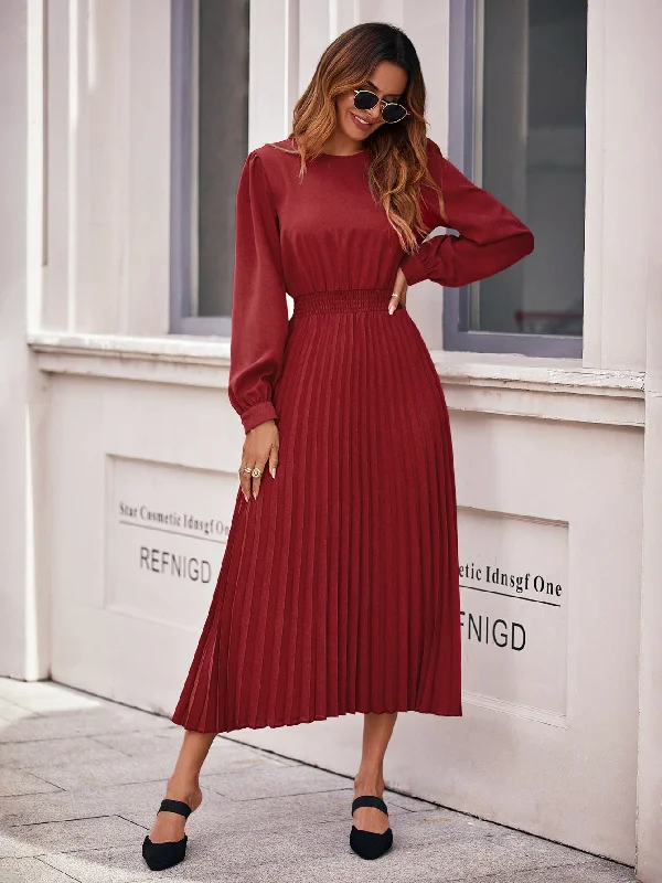 Plain Pleated Long Sleeve Round Neck Pleated High Waist Long Womens Dress Street