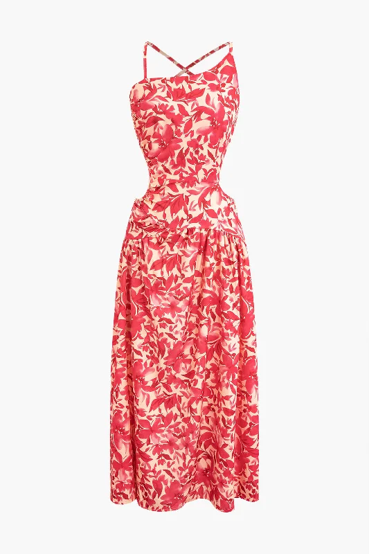 Floral Print Criss Cross Backless Slit Midi Dress Luxurious Women's High -  end