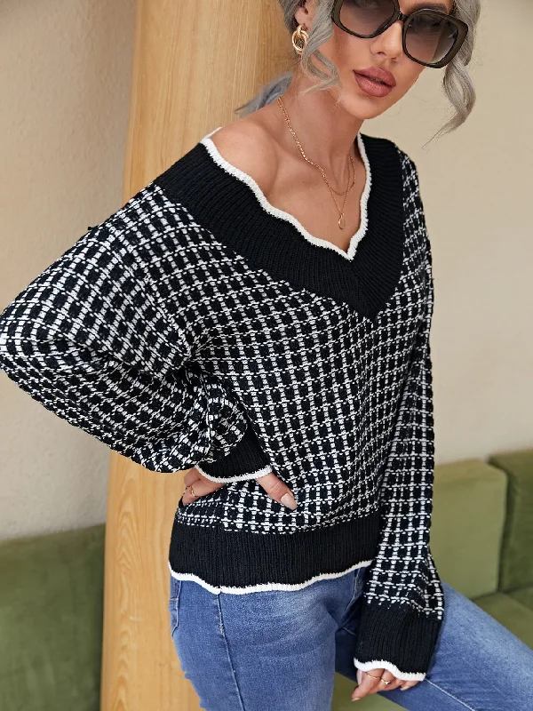 Casual Plaid Contrast Binding Long Sleeve V Neck Regular Women Sweater