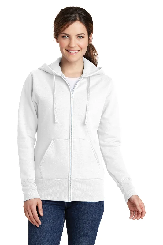 Port & Company Womens Core Pill Resistant Fleece Full Zip Hooded Sweatshirt Hoodie w/ Pockets - White Trendy Women's Oversized
