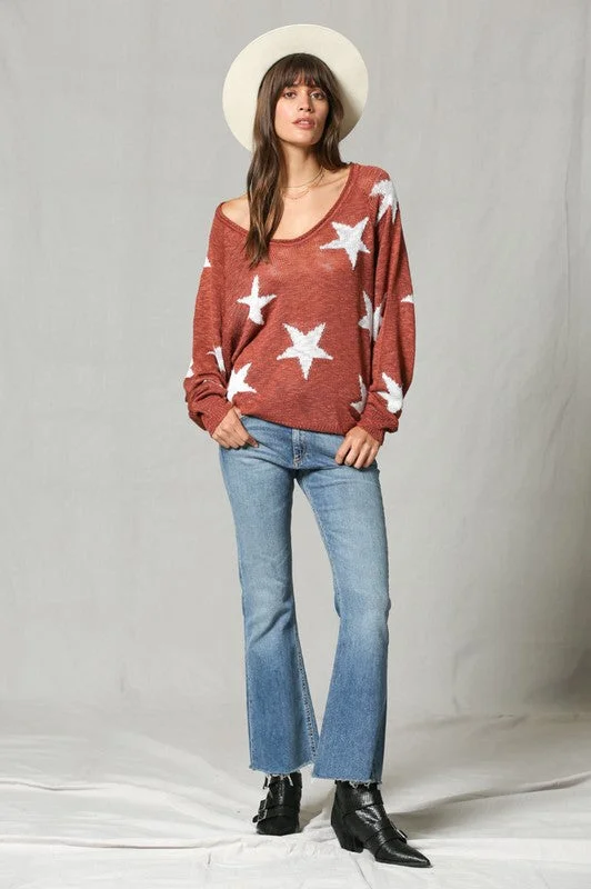 Star Print Wide V Neck Top