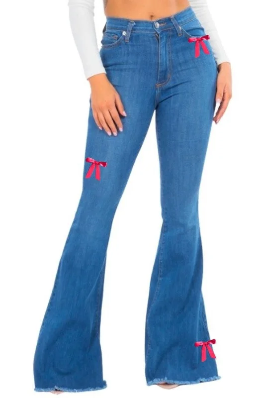 Bell Bottom Jean with Pink Ribbon detail Relaxed Women's Beachy
