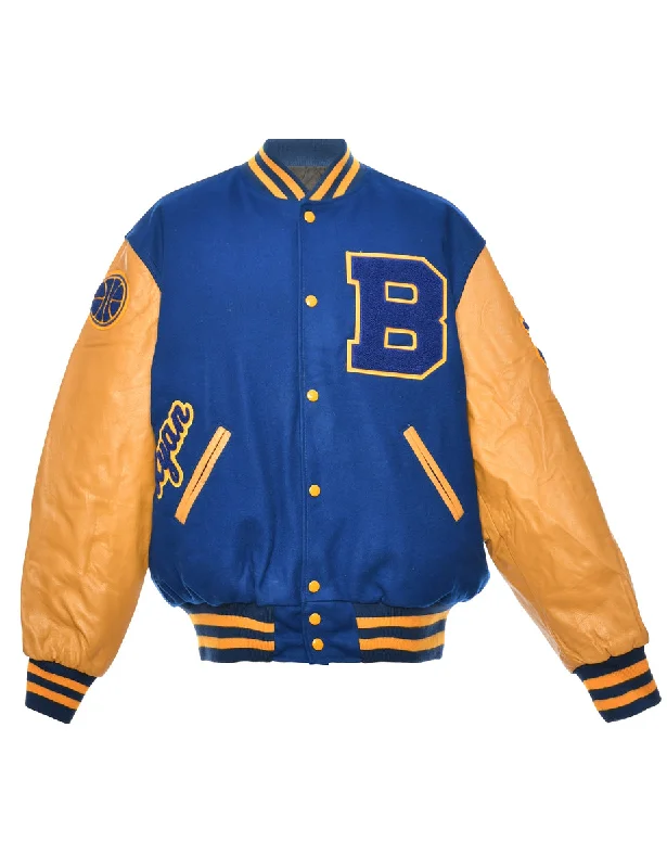 Blue & Yellow Applique Design Varsity Jacket - L Minimalist Women's Casual