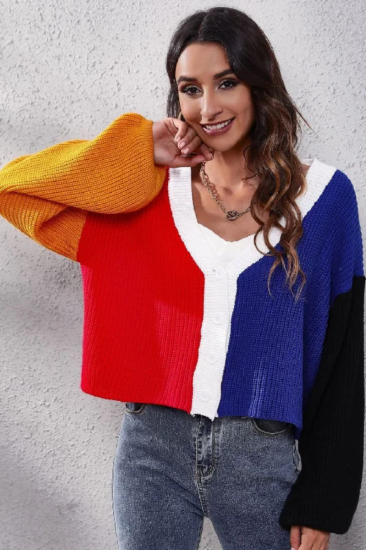 Color Block Ribbed Long Sleeve Cardigan Sophisticated Women's 
