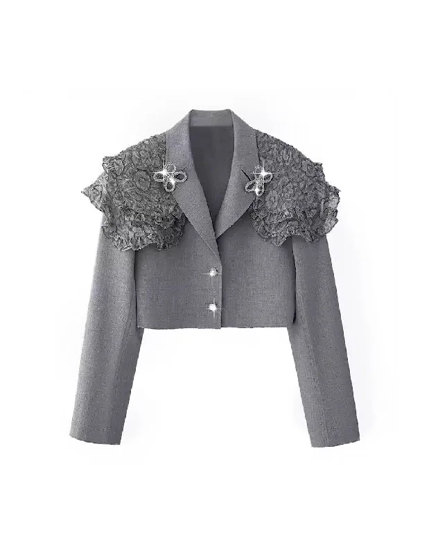 Lace Shoulder Detailed Short Blazer in Gray Elegant Women's Formal 