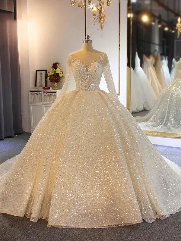 Sparkling Shinny Lone Sleeves Lace- Up Ball Gown Wedding Dresses