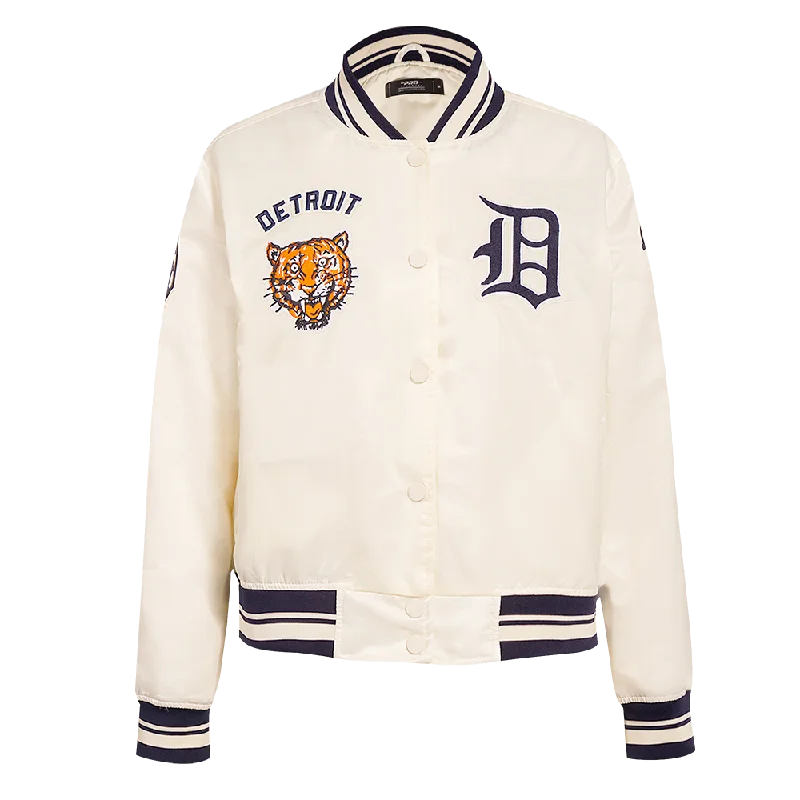 MLB DETROIT TIGERS RETRO CLASSIC WOMEN'S RIB SATIN JACKET (EGGSHELL/MIDNIGHT NAVY) Feminine Women's Soft 