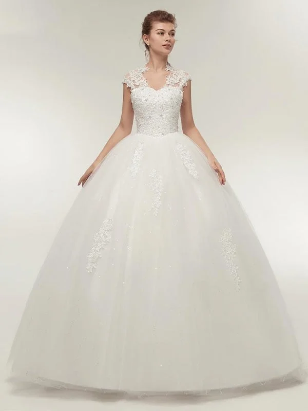 V-Neck Cap Sleeves Ball Gown Lace Wedding Dresses