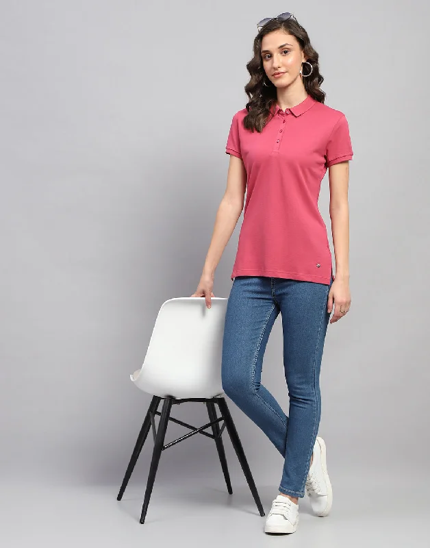 Women Pink Solid Polo Collar Half Sleeve T Shirt