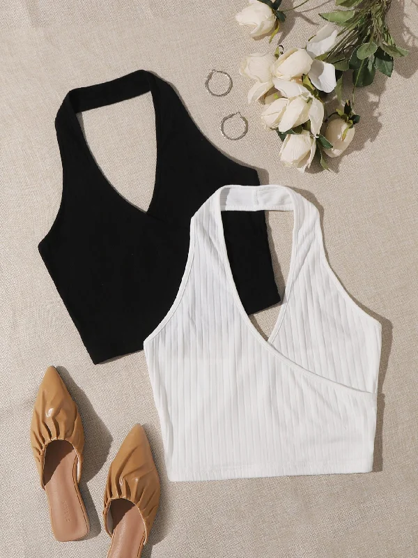 Sexy Plain Halter Crop Women Tank Top & Cami