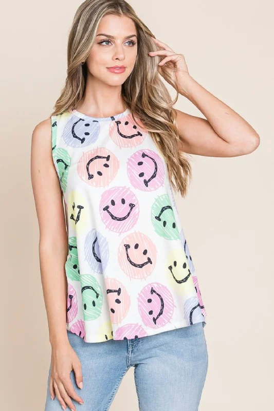 BOMBOM Smiley Face Round Neck Tank Elegant Women's 