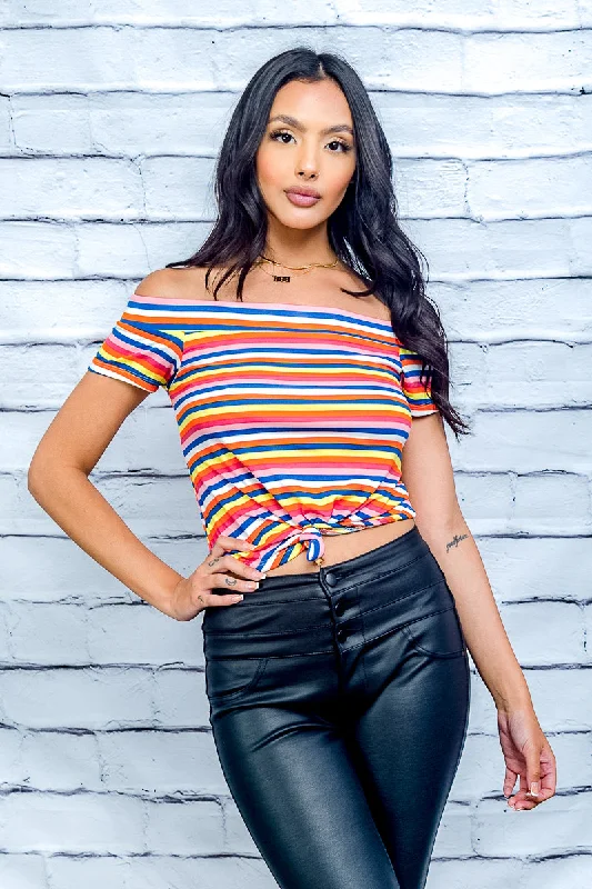 Multi Color Stripe Off Shoulder Crop Top with Short Sleeves and Front Tie Detail (0008957)