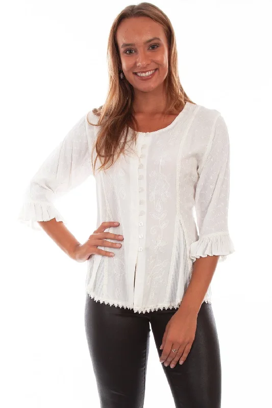 Scully Honey Creek Womens Blouse Ivory 100% Rayon Embroidered 3/4 Sleeve Traditional Women's Scully Honey Creek Womens Blouse Ivory 100% Rayon Embroidered 3/4 Sleeve Traditional Women's