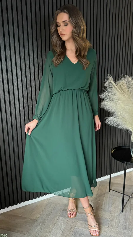 Beatrix Forest Green V Neckline Midi Dress