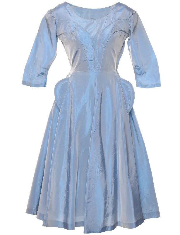 1950s Light Blue Metallic Long-Sleeve Dress - XS